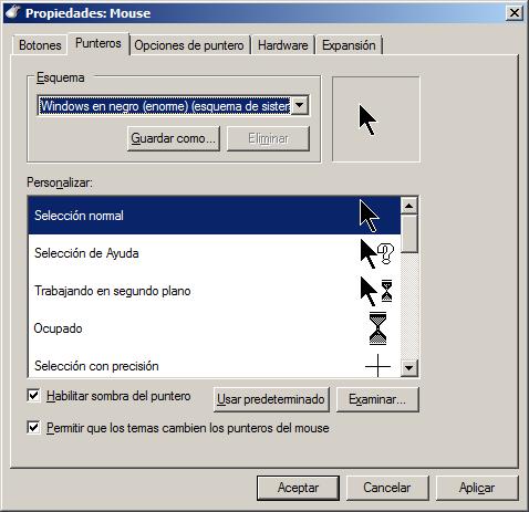 Imagen de la ventana de Punteros del ratón con la selección de puntero negro de tamaño enorme de Windows 7
